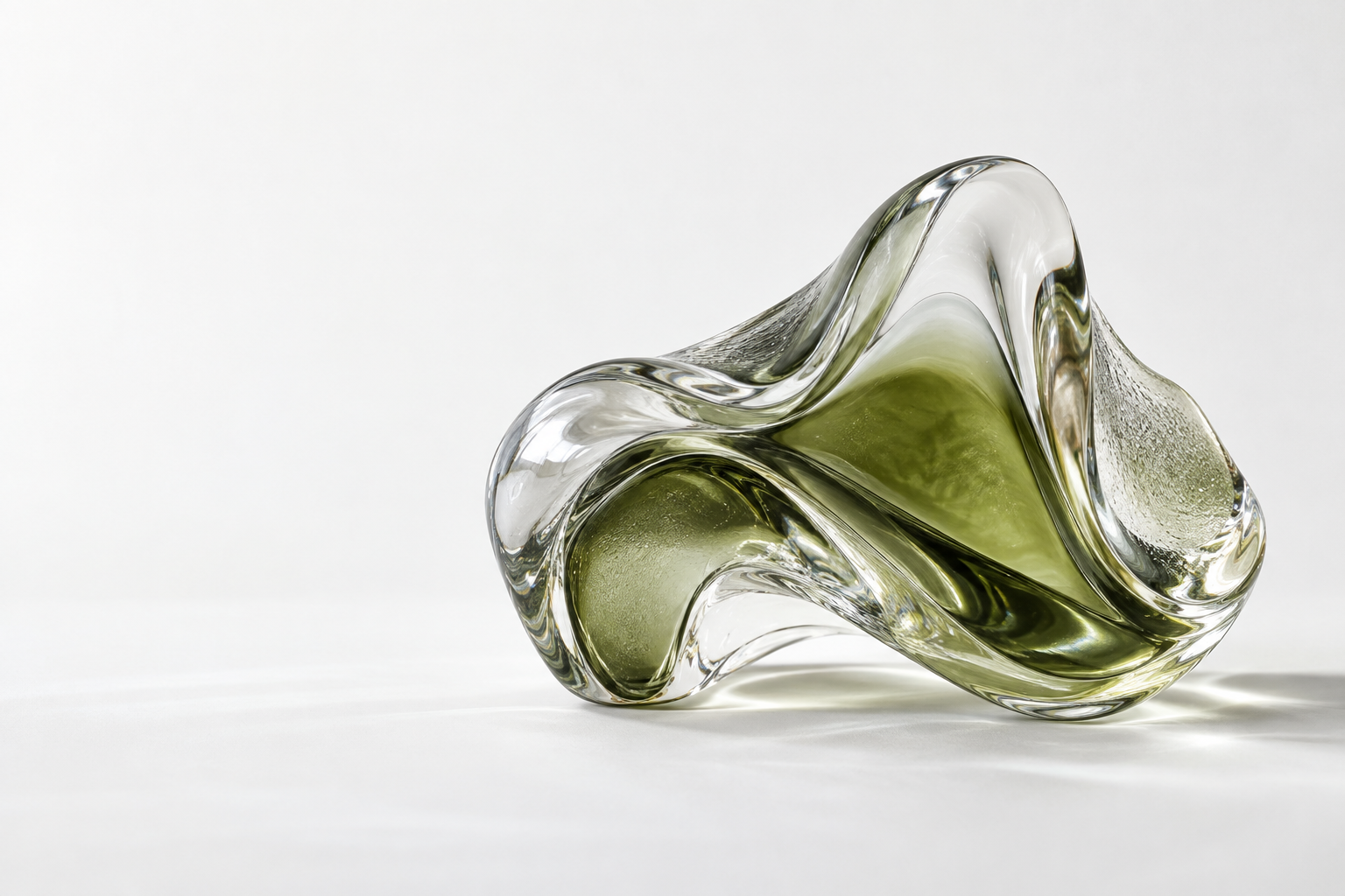 An organic translucent glass sculpture with olive-green depths and silver reflections.